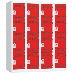 Svařovaná šatní skříň Vinco, 4 sloupce, 16 boxů, 300 mm, otočný uzávěr, šedá/červená