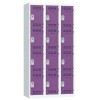 Svařovaná šatní skříň Vinco, 3 sloupce, 12 boxů, 300 mm, cylindrický zámek, šedá/fialová