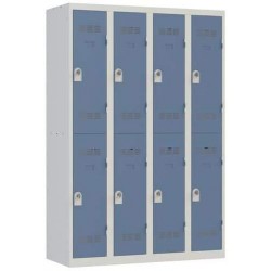 Svařovaná šatní skříň Vinco, 4 sloupce, 8 boxů, 300 mm, otočný uzávěr, šedá/modrá