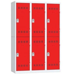 Svařovaná šatní skříň Vinco, 3 sloupce, 6 boxů, 400 mm, cylindrický zámek, šedá/červená