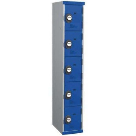 Svařovaná šatní skříň Acial, 1 sloupec, 5 boxů, 300 mm, kódový zámek, šedá/modrá