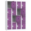 Svařovaná šatní skříň Vinco, 4 sloupce, 16 boxů, 300 mm, cylindrický zámek, šedá/fialová