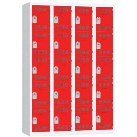 Svařovaná šatní skříň Vinco, 4 sloupce, 20 boxů, 300 mm, cylindrický zámek, šedá/červená