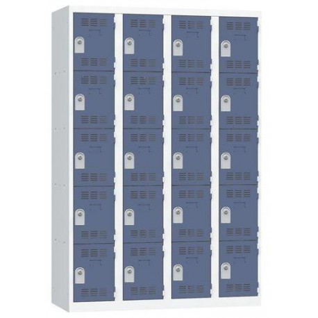Svařovaná šatní skříň Vinco, 4 sloupce, 20 boxů, 300 mm, cylindrický zámek, šedá/modrá
