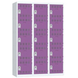 Svařovaná šatní skříň Vinco, 3 sloupce, 15 boxů, 400 mm, cylindrický zámek, šedá/fialová