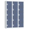 Svařovaná šatní skříň Vinco, 3 sloupce, 15 boxů, 400 mm, cylindrický zámek, šedá/modrá