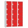 Svařovaná šatní skříň Vinco, 3 sloupce, 15 boxů, 400 mm, cylindrický zámek, šedá/červená