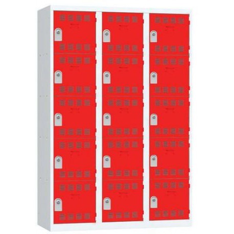 Svařovaná šatní skříň Vinco, 3 sloupce, 15 boxů, 400 mm, cylindrický zámek, šedá/červená