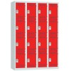 Svařovaná šatní skříň Vinco, 4 sloupce, 16 boxů, 300 mm, cylindrický zámek, šedá/červená