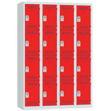 Svařovaná šatní skříň Vinco, 4 sloupce, 16 boxů, 300 mm, cylindrický zámek, šedá/červená