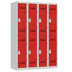 Svařovaná šatní skříň Vinco, 4 sloupce, 8 boxů, 300 mm, cylindrický zámek, šedá/červená