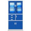Plechová policová skříň s vitrínou, zásuvkami a trezorem pro důležité věci FILIP, 900 x 1850 x 400 mm, šedo-modrá
