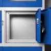 Plechová policová skříň s vitrínou, zásuvkami a trezorem pro důležité věci FILIP, 900 x 1850 x 400 mm, šedo-modrá