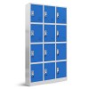 Plechová šatní skříňka na soklu s 12 boxy MARCIN, 900 x 1850 x 400 mm, šedo-modrá