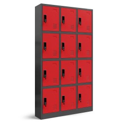 Plechová šatní skříňka na soklu s 12 boxy MARCIN, 900 x 1850 x 400 mm, antracitovo-červená