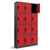 Plechová šatní skříňka na soklu s 12 boxy MARCIN, 900 x 1850 x 400 mm, antracitovo-červená
