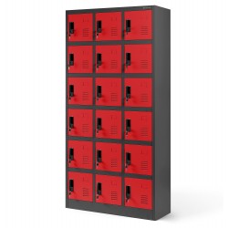 Plechová šatní skříňka na soklu s 18 boxy KAROL, 900 x 1850 x 400 mm, antracitovo-červená