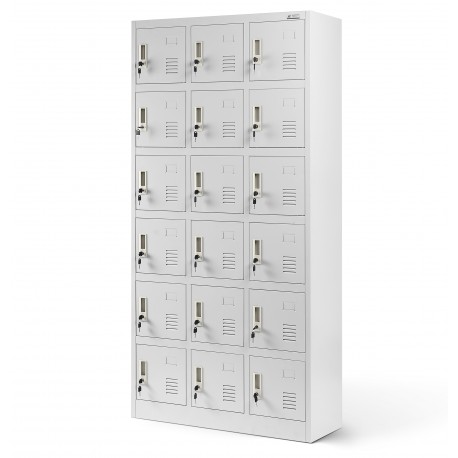 Plechová šatní skříňka na soklu s 18 boxy KAROL, 900 x 1850 x 400 mm, šedá