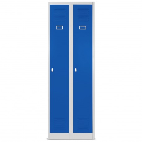 Plechová šatní skříň na soklu s polici 4 moduly KACPER II, 600 x 1800 x 500 mm, šedo-modrá