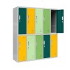 Plechová šatní skříň s 10 boxy BARTUŚ, 1360 x 1500 x 450 mm, šedo-více barevní