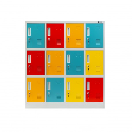 Plechová šatní skříň s 12 boxy OLA, 1090 x 1200 x 450 mm, šedo-více barevní