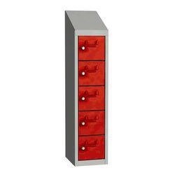 Svařovaná skříň na osobní věci Olaf, 5 boxů, cylindrický zámek, šedá/červená