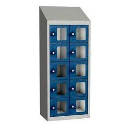 Svařovaná skříň na osobní věci Olaf s průhlednými dvířky, 10 boxů, cylindrický zámek, šedá/tmavě modrá