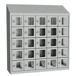 Svařovaná skříň na osobní věci Olaf s průhlednými dvířky, 25 boxů, cylindrický zámek, šedá/šedá