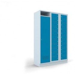 Svařovaná sběrná a přihrádková skříň Alan, 3 oddíly, cylindrický zámek, šedá/modrá