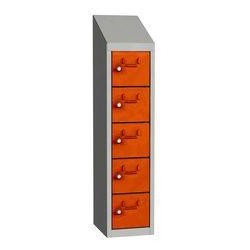Svařovaná skříň na osobní věci Olaf, 5 boxů, otočný uzávěr, šedá/oranžová