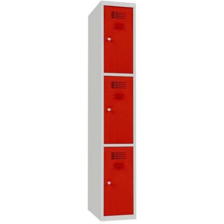 Svařovaná šatní skříň Dean, 3 boxy, cylindrický zámek, šedá/červená