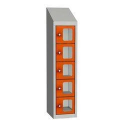 Svařovaná skříň na osobní věci Olaf s průhlednými dvířky, 5 boxů, cylindrický zámek, šedá/oranžová