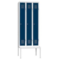 Kovová šatní skříň na lavici 3-dvířková, 750 x 500 x 2080 mm, šedá-tmavě modrá