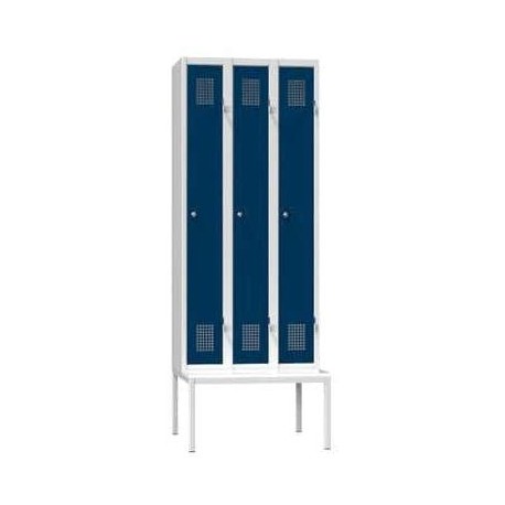 Kovová šatní skříň na lavici 3-dvířková, 750 x 500 x 2080 mm, šedá-tmavě modrá