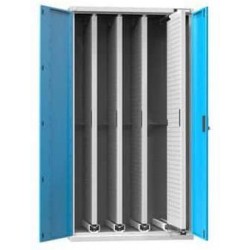 Vertikální skříň s výsuvnými perfopanely, 1044 x 655 x 1950 mm, 4 x panel, šedá-modrá