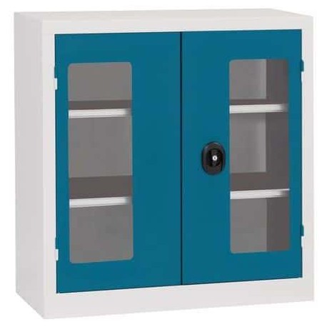 Kovová dílenská skříň Acial, 100 x 100 x 50 cm, prosklené dveře, šedá/modrá