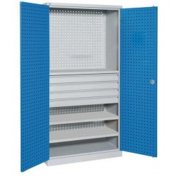 Kovová dílenská skříň Sofame, 195 x 100 x 45 cm, šedá/modrá, 2 police + dřevěné krytí, 4 zásuvky