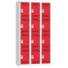 Svařovaná šatní skříň Vinco, 3 sloupce, 12 boxů, 300 mm, cylindrický zámek, šedá/červená
