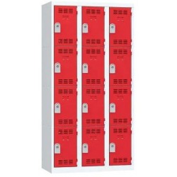 Svařovaná šatní skříň Vinco, 3 sloupce, 12 boxů, 300 mm, cylindrický zámek, šedá/červená