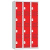 Svařovaná šatní skříň Vinco, 3 sloupce, 12 boxů, 300 mm, otočný uzávěr, šedá/červená