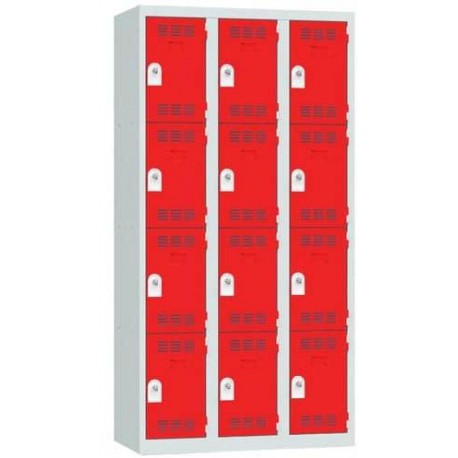 Svařovaná šatní skříň Vinco, 3 sloupce, 12 boxů, 300 mm, otočný uzávěr, šedá/červená
